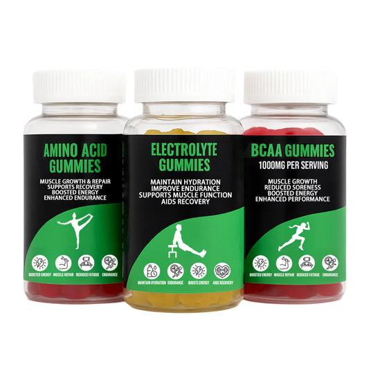 Three bottles of gummy supplements with green and black labels on a white background