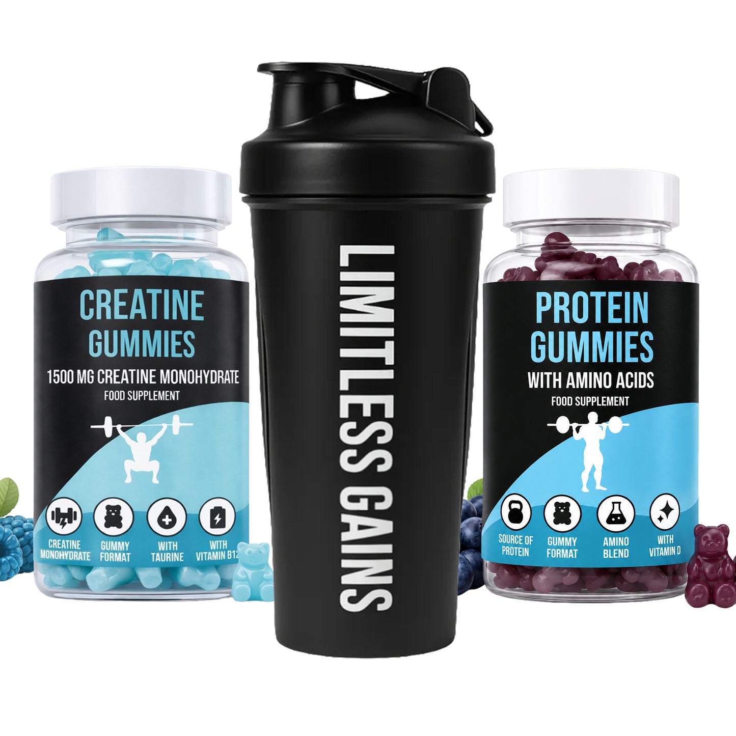 Black 'Limitless Gains' shaker bottle with two LIMITLESS GAINS supplement jars labeled 'Creatine Gummies' and 'Protein Gummies' on a white background.