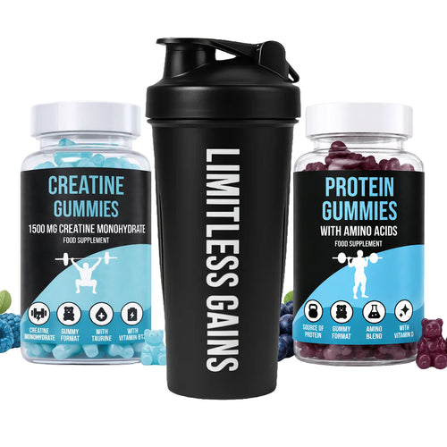 Black 'Limitless Gains' shaker bottle with two LIMITLESS GAINS supplement jars labeled 'Creatine Gummies' and 'Protein Gummies' on a white background.