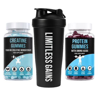 LIMITLESS GAINS Supplement bottles labeled 'Creatine Gummies' and 'Protein Gummies' with a black shaker bottle branded 'Limitless Gains'.