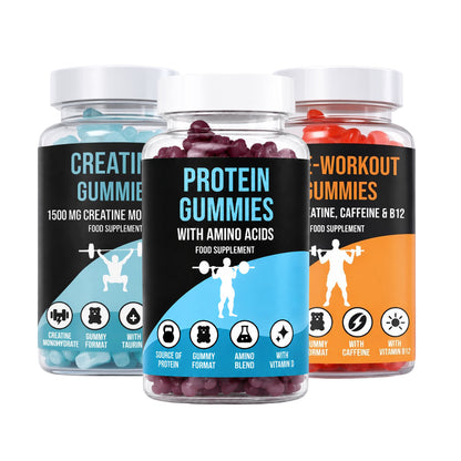 Three LIMITLESS GAINS bottles of natural supplements with labels indicating different ingredients and benefits on a white background.