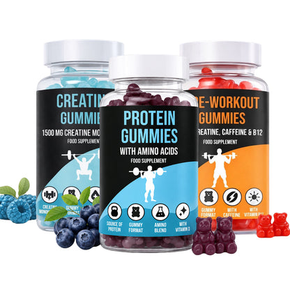 Three LIMITLESS GAINS supplement bottles labeled 'Creating Gummies', 'Protein Gummies', and 'Pre-Workout Gummies' with gummy bears and blueberries on a white background.