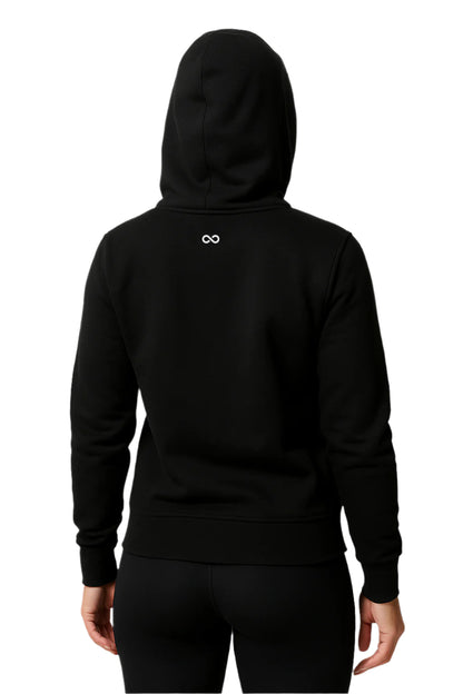 Black hoodie with a logo on the back against a white background