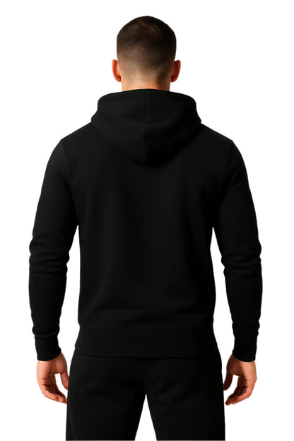 Person wearing a black hoodie on a white background