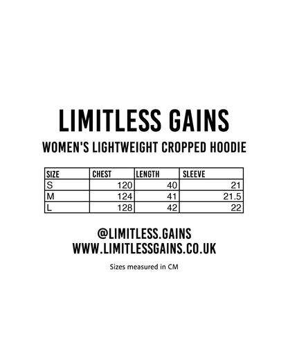 Size chart for women's lightweight cropped hoodie with measurement details.